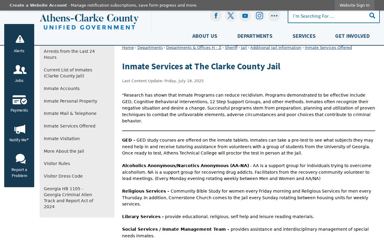 Clarke County Jail inmate services webpage
