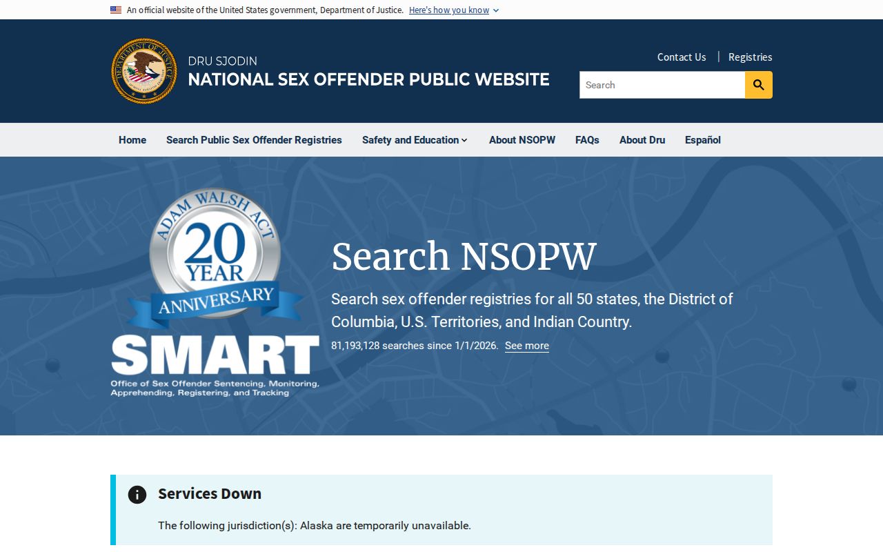 United States Department of Justice NSOPW search webpage